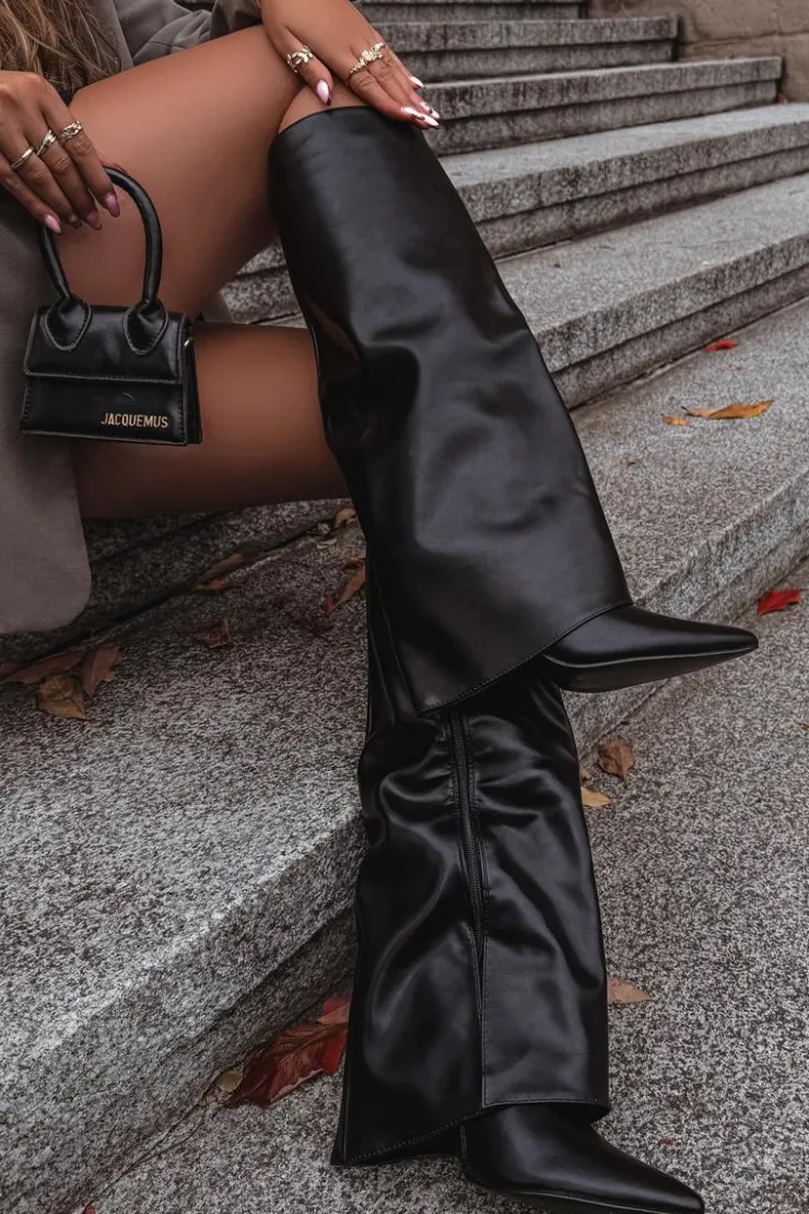 Damskie Boto Ocieplane Kozaki Na Szpilce Z Wywiniętą Cholewką Czarne Tamonia