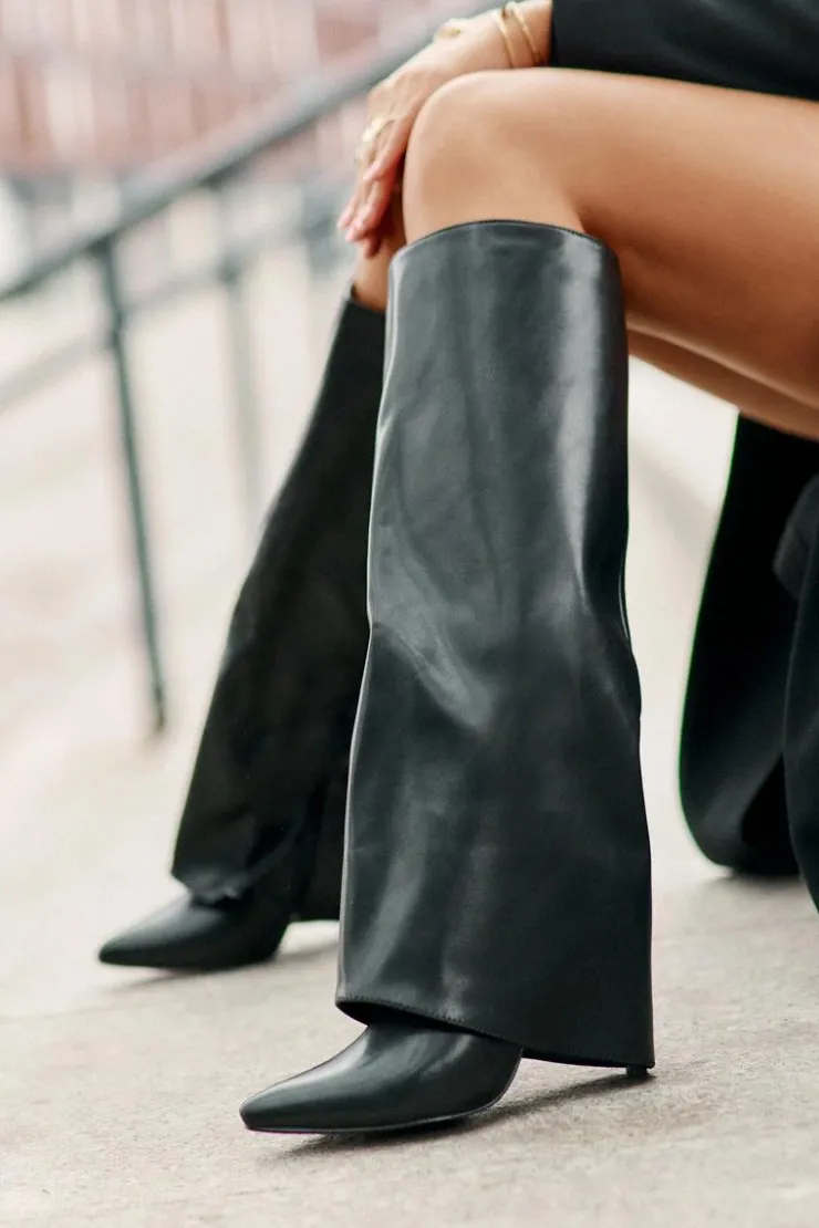 Damskie Boto Ocieplane Kozaki Na Szpilce Z Wywiniętą Cholewką Czarne Tamonia