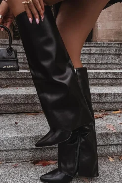 Damskie Boto Ocieplane Kozaki Na Szpilce Z Wywiniętą Cholewką Czarne Tamonia