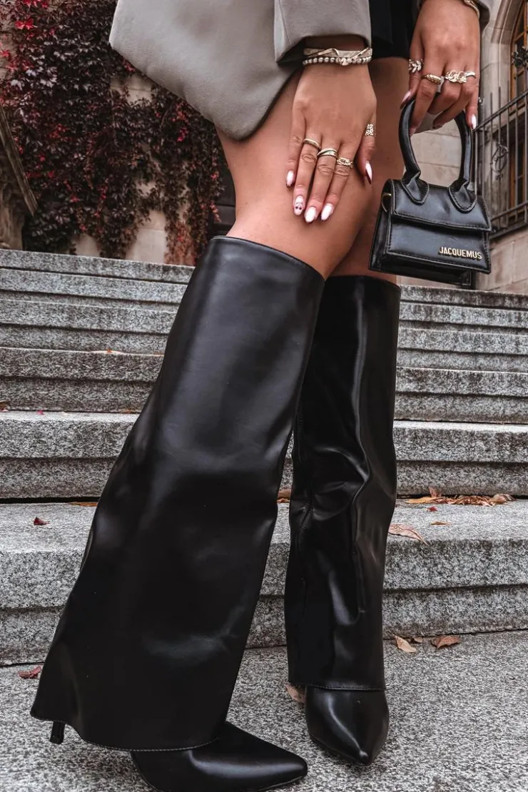 Damskie Boto Ocieplane Kozaki Na Szpilce Z Wywiniętą Cholewką Czarne Tamonia