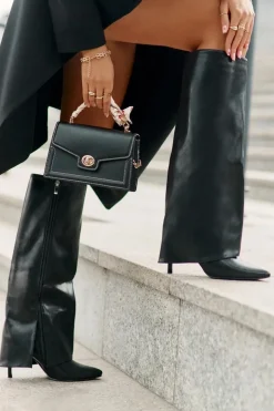 Damskie Boto Ocieplane Kozaki Na Szpilce Z Wywiniętą Cholewką Czarne Tamonia