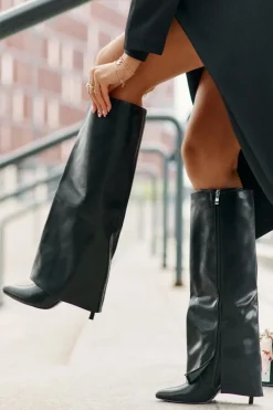 Damskie Boto Ocieplane Kozaki Na Szpilce Z Wywiniętą Cholewką Czarne Tamonia