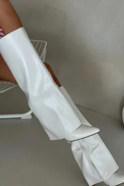 Damskie Boto Ocieplane Kozaki Na Szpilce Z Wywiniętą Cholewką Białe Tamonia