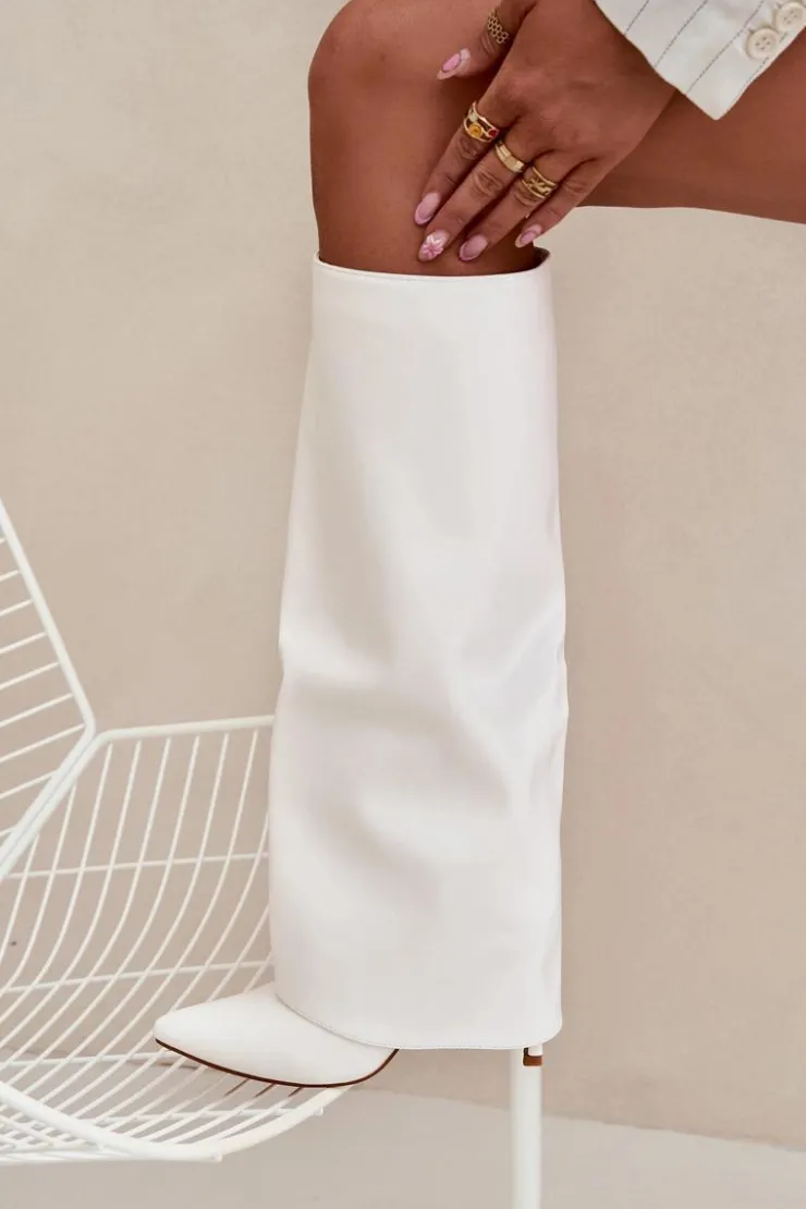 Damskie Boto Ocieplane Kozaki Na Szpilce Z Wywiniętą Cholewką Białe Tamonia