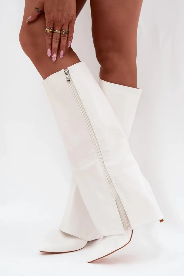 Damskie Boto Ocieplane Kozaki Na Szpilce Z Wywiniętą Cholewką Białe Tamonia