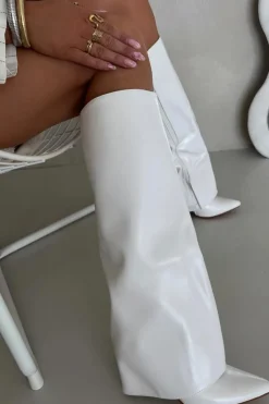 Damskie Boto Ocieplane Kozaki Na Szpilce Z Wywiniętą Cholewką Białe Tamonia