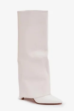 Damskie Boto Ocieplane Kozaki Na Szpilce Z Wywiniętą Cholewką Białe Tamonia