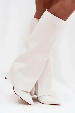 Damskie Boto Ocieplane Kozaki Na Szpilce Z Wywiniętą Cholewką Białe Tamonia