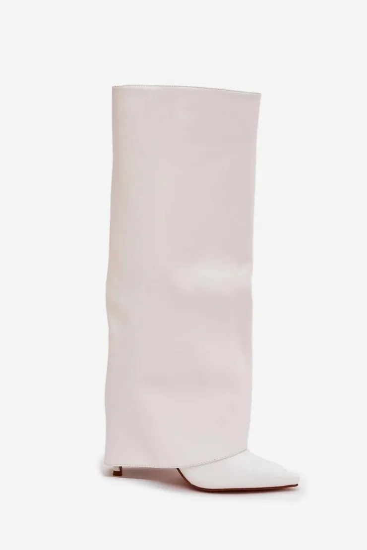 Damskie Boto Ocieplane Kozaki Na Szpilce Z Wywiniętą Cholewką Białe Tamonia