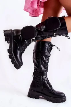 Best Boto Ocieplane Kozaki Z Torebkami Czarne Military