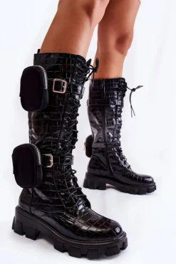 Boto Kozaki Płaskie|Kozaki Przed Kolano*Ocieplane Kozaki Z Torebkami I Zwierzęcym Wzorem Czarne Military