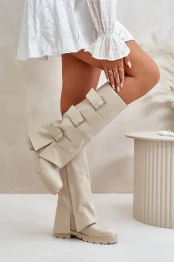 Damskie Boto Ocieplane Kozaki Z Wywiniętą Cholewką I Klamrami Jasnobeżowe Cialetta