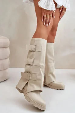 Damskie Boto Ocieplane Kozaki Z Wywiniętą Cholewką I Klamrami Jasnobeżowe Cialetta