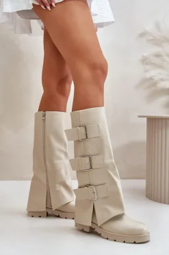 Damskie Boto Ocieplane Kozaki Z Wywiniętą Cholewką I Klamrami Jasnobeżowe Cialetta