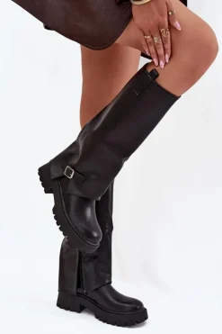 Boto Kozaki Ocieplane|Kozaki Z Wywiniętą Cholewką*Ocieplane Kozaki Z Wywiniętą Cholewką I Klamrą Czarne Fiorae