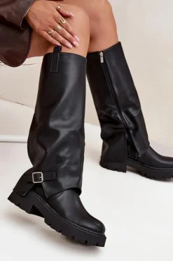 Boto Kozaki Ocieplane|Kozaki Z Wywiniętą Cholewką*Ocieplane Kozaki Z Wywiniętą Cholewką I Klamrą Czarne Fiorae