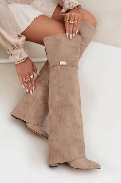 Damskie Boto Ocieplane Kozaki Z Wywiniętą Cholewką Za Kolano Obcas Słupek Beżowe Serelle