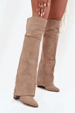 Damskie Boto Ocieplane Kozaki Z Wywiniętą Cholewką Za Kolano Obcas Słupek Beżowe Serelle