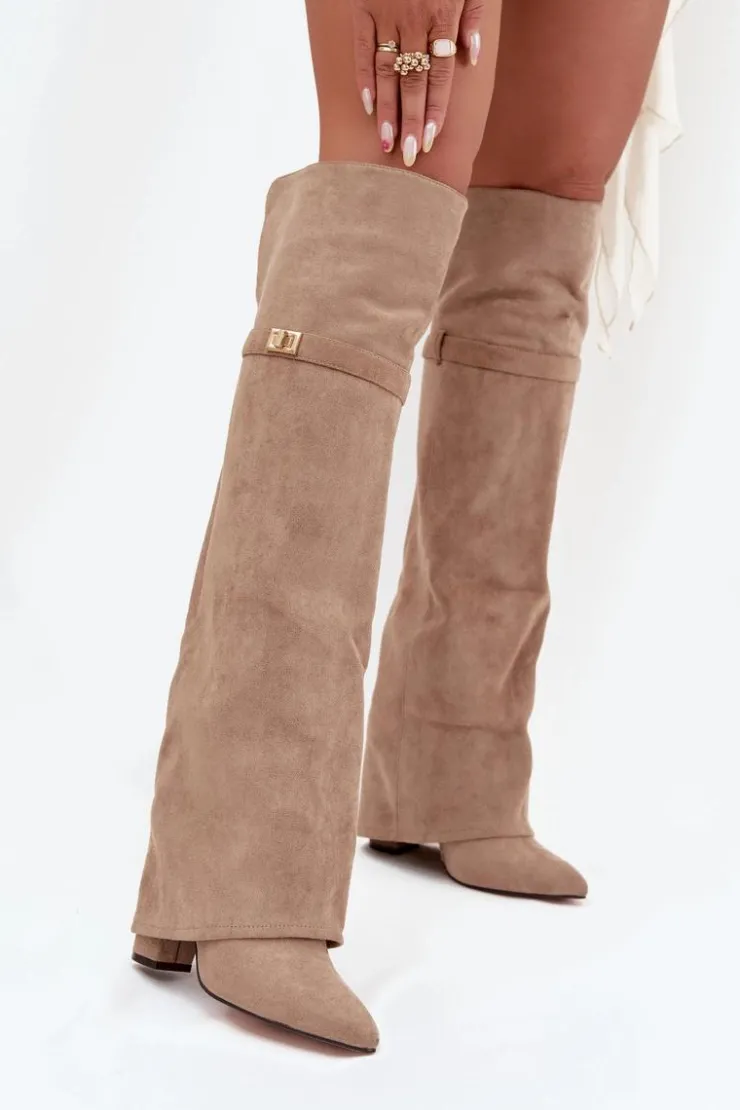 Damskie Boto Ocieplane Kozaki Z Wywiniętą Cholewką Za Kolano Obcas Słupek Beżowe Serelle