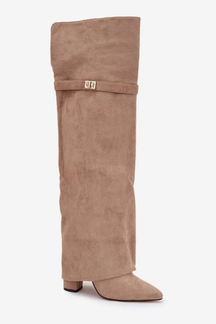 Damskie Boto Ocieplane Kozaki Z Wywiniętą Cholewką Za Kolano Obcas Słupek Beżowe Serelle