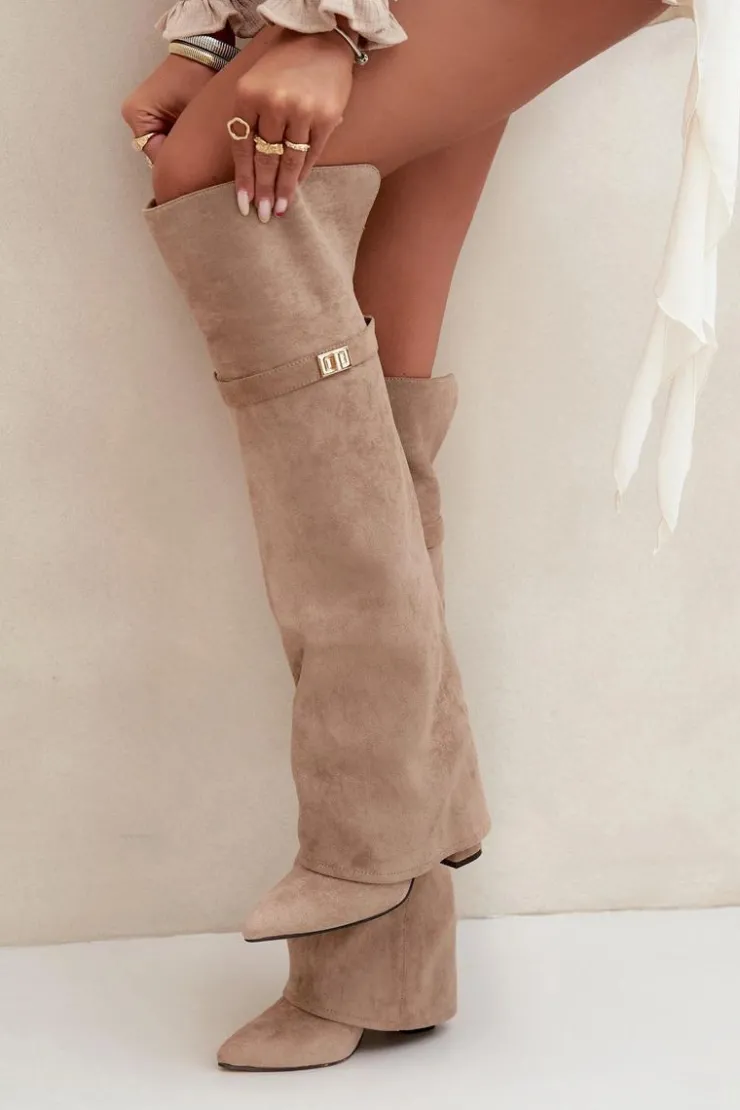 Damskie Boto Ocieplane Kozaki Z Wywiniętą Cholewką Za Kolano Obcas Słupek Beżowe Serelle