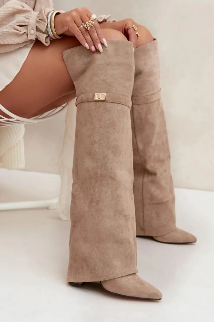 Damskie Boto Ocieplane Kozaki Z Wywiniętą Cholewką Za Kolano Obcas Słupek Beżowe Serelle
