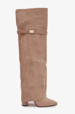 Damskie Boto Ocieplane Kozaki Z Wywiniętą Cholewką Za Kolano Obcas Słupek Beżowe Serelle