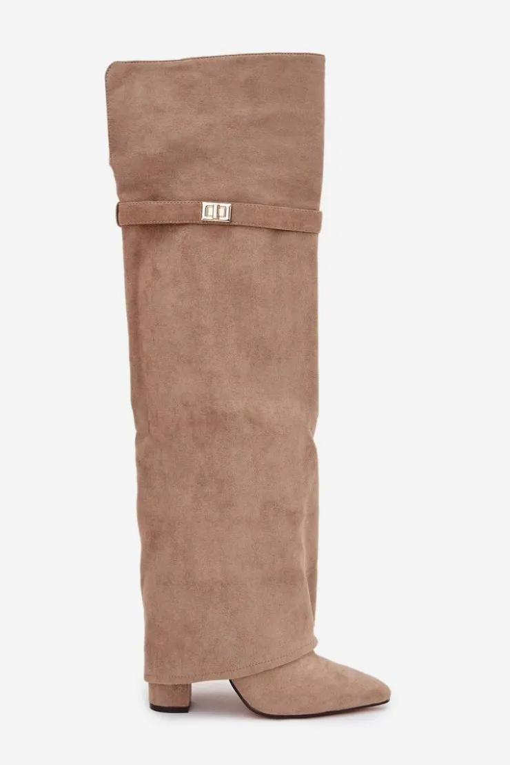 Damskie Boto Ocieplane Kozaki Z Wywiniętą Cholewką Za Kolano Obcas Słupek Beżowe Serelle
