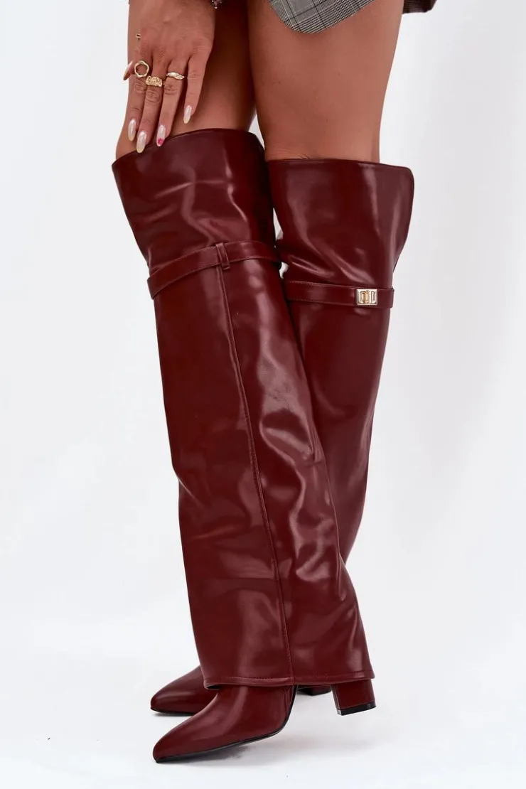 Outlet Boto Ocieplane Kozaki Z Wywiniętą Cholewką Za Kolano Obcas Słupek Bordowe Serelle