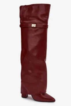 Outlet Boto Ocieplane Kozaki Z Wywiniętą Cholewką Za Kolano Obcas Słupek Bordowe Serelle
