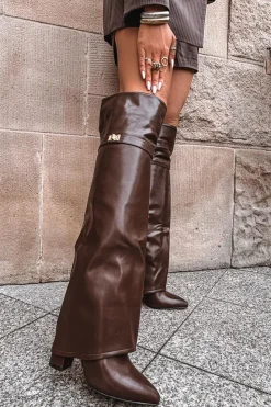 Damskie Boto Ocieplane Kozaki Z Wywiniętą Cholewką Za Kolano Obcas Słupek Brązowe Serelle