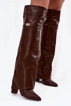 Damskie Boto Ocieplane Kozaki Z Wywiniętą Cholewką Za Kolano Obcas Słupek Brązowe Serelle