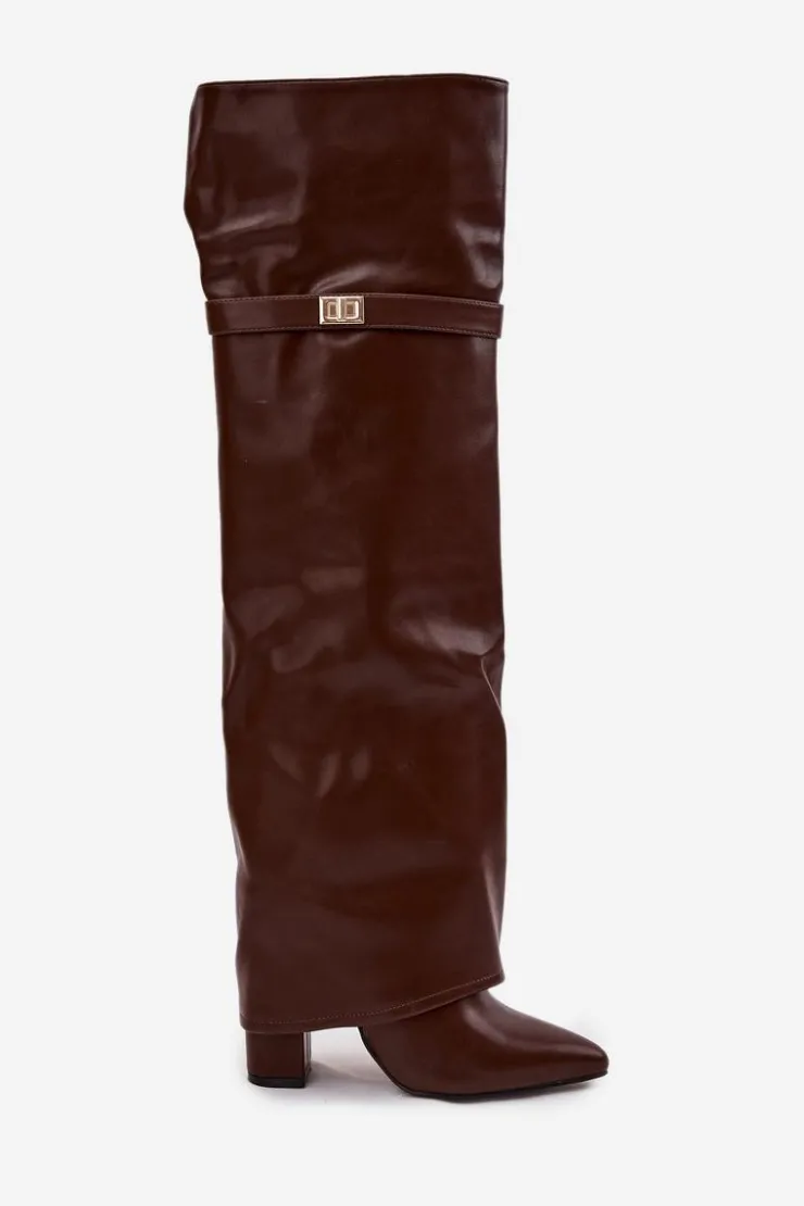 Damskie Boto Ocieplane Kozaki Z Wywiniętą Cholewką Za Kolano Obcas Słupek Brązowe Serelle