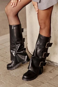 Online Boto Ocieplane Kozaki Z Wywiniętą Cholewką I Klamrami Czarne Cialetta