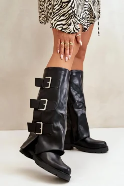 Online Boto Ocieplane Kozaki Z Wywiniętą Cholewką I Klamrami Czarne Cialetta