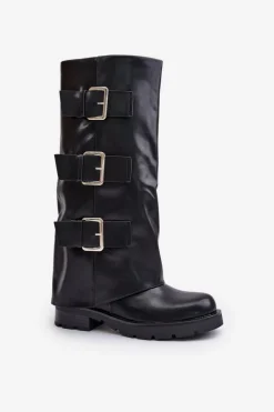 Online Boto Ocieplane Kozaki Z Wywiniętą Cholewką I Klamrami Czarne Cialetta