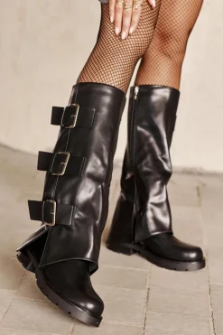 Online Boto Ocieplane Kozaki Z Wywiniętą Cholewką I Klamrami Czarne Cialetta