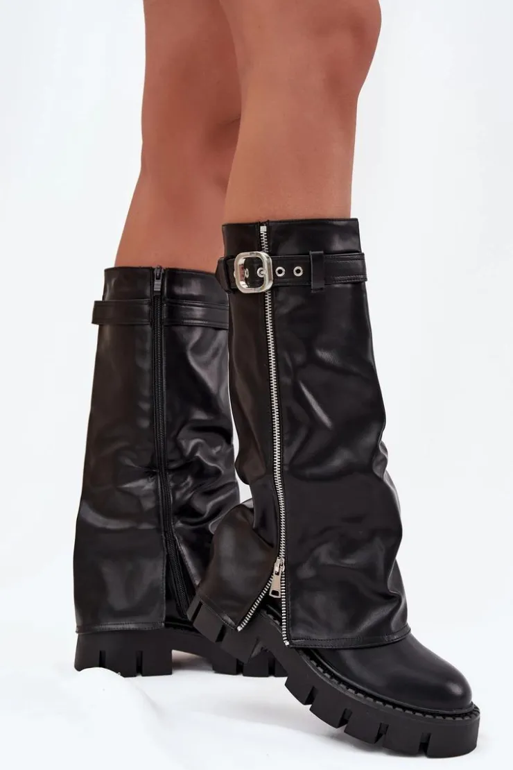 Boto Kozaki Ocieplane|Kozaki Z Wywiniętą Cholewką*Ocieplane Kozaki Z Wywiniętą Cholewką Klamrą I Srebrnym Zamkiem Czarne Armena