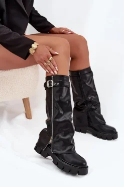 Boto Kozaki Ocieplane|Kozaki Z Wywiniętą Cholewką*Ocieplane Kozaki Z Wywiniętą Cholewką Klamrą I Srebrnym Zamkiem Czarne Armena