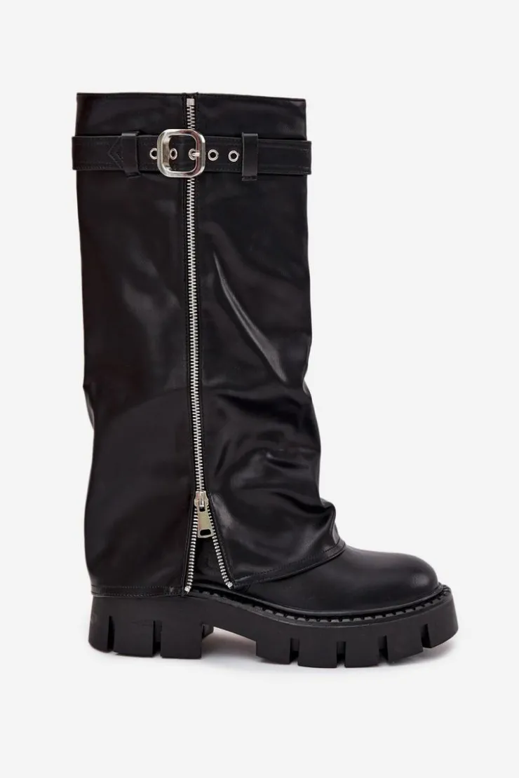 Boto Kozaki Ocieplane|Kozaki Z Wywiniętą Cholewką*Ocieplane Kozaki Z Wywiniętą Cholewką Klamrą I Srebrnym Zamkiem Czarne Armena