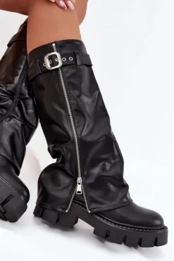 Boto Kozaki Ocieplane|Kozaki Z Wywiniętą Cholewką*Ocieplane Kozaki Z Wywiniętą Cholewką Klamrą I Srebrnym Zamkiem Czarne Armena
