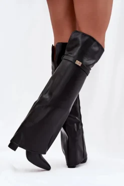 Online Boto Ocieplane Kozaki Z Wywiniętą Cholewką Za Kolano Obcas Słupek Czarne Serelle Czarny