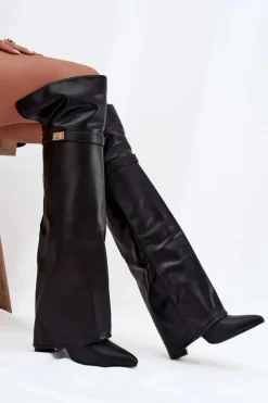 Online Boto Ocieplane Kozaki Z Wywiniętą Cholewką Za Kolano Obcas Słupek Czarne Serelle Czarny