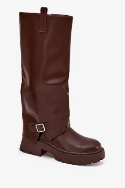 Boto Kozaki Ocieplane|Kozaki Z Wywiniętą Cholewką*Ocieplane Kozaki Z Wywiniętą Cholewką I Klamrą Czekoladowe Fiorae Brązowy