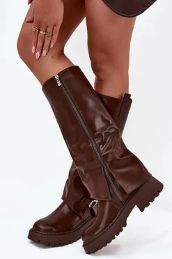 Boto Kozaki Ocieplane|Kozaki Z Wywiniętą Cholewką*Ocieplane Kozaki Z Wywiniętą Cholewką I Klamrą Czekoladowe Fiorae Brązowy