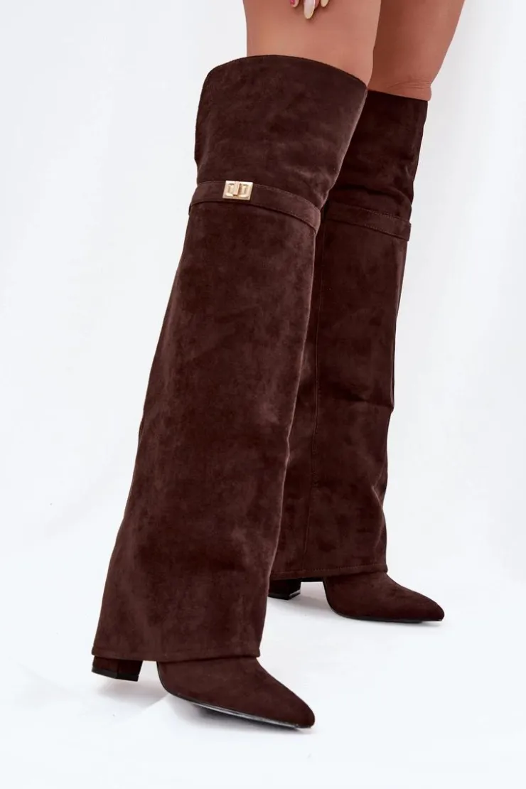 Boto Kozaki Ocieplane|Muszkieterki*Ocieplane Kozaki Z Wywiniętą Cholewką Za Kolano Obcas Słupek Czekoladowe Serelle Brązowy