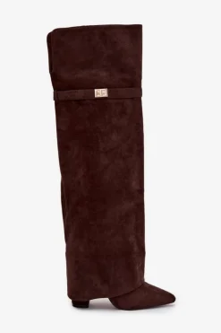 Boto Kozaki Ocieplane|Muszkieterki*Ocieplane Kozaki Z Wywiniętą Cholewką Za Kolano Obcas Słupek Czekoladowe Serelle Brązowy