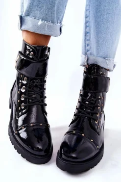 Damskie Boto Ocieplane Lakierowane Botki Czarne Colira