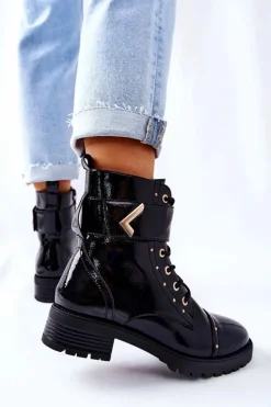 Damskie Boto Ocieplane Lakierowane Botki Czarne Colira