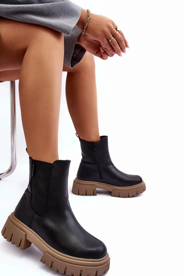 Big Star Shoes Czarne Botki|Botki Zimowe Damskie*Ocieplane Masywne Botki Sztyblety Big Star MM274606 Czarne